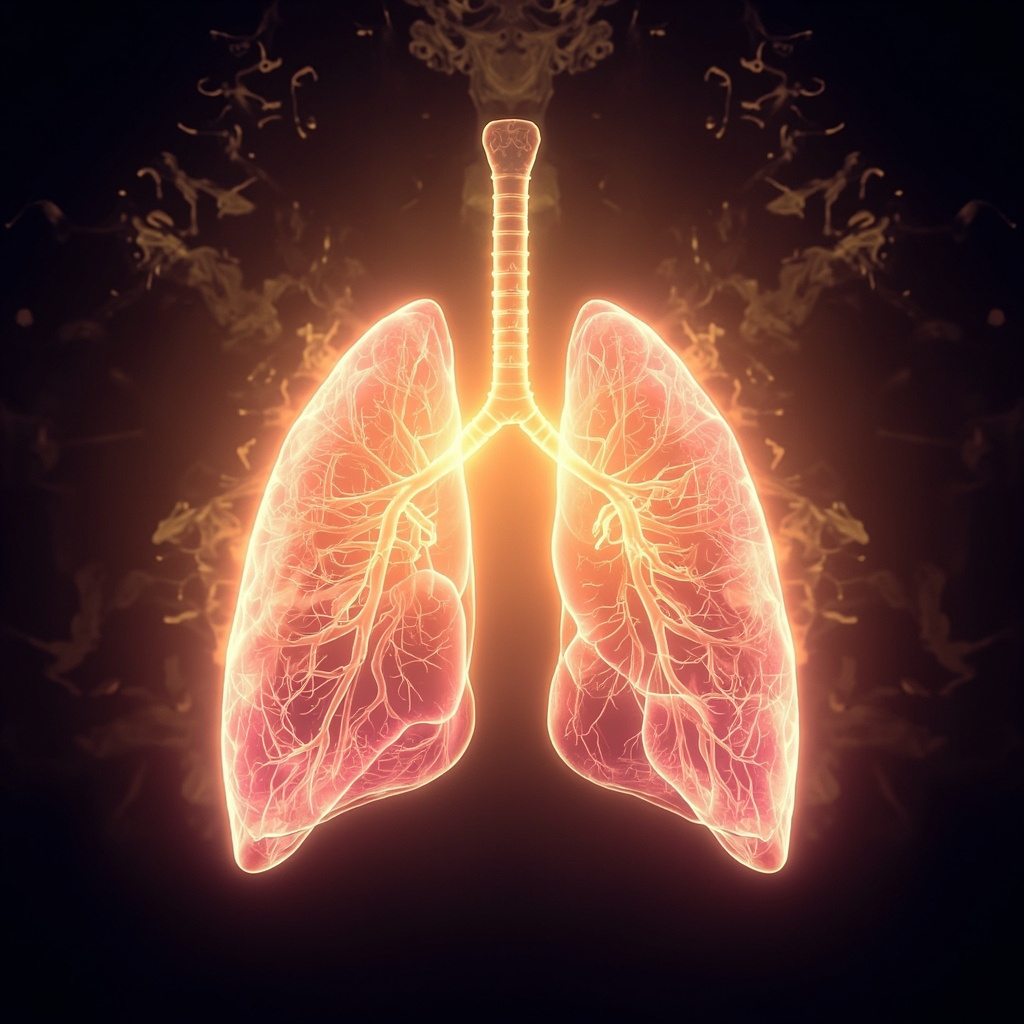Serene illustration of healthy human lungs glowing with golden protective energy, shielding against dark bacterial shadows, evoking immunity, calm, and inner security.