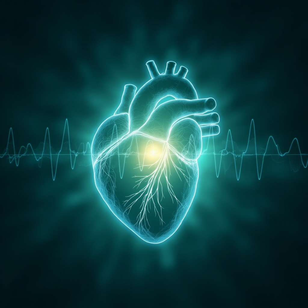 Serene illustration of a glowing human heart with subtle wavy lines representing variable heartbeat intervals in soft blue and green hues, evoking balance, adaptability, and natural energy flow.
