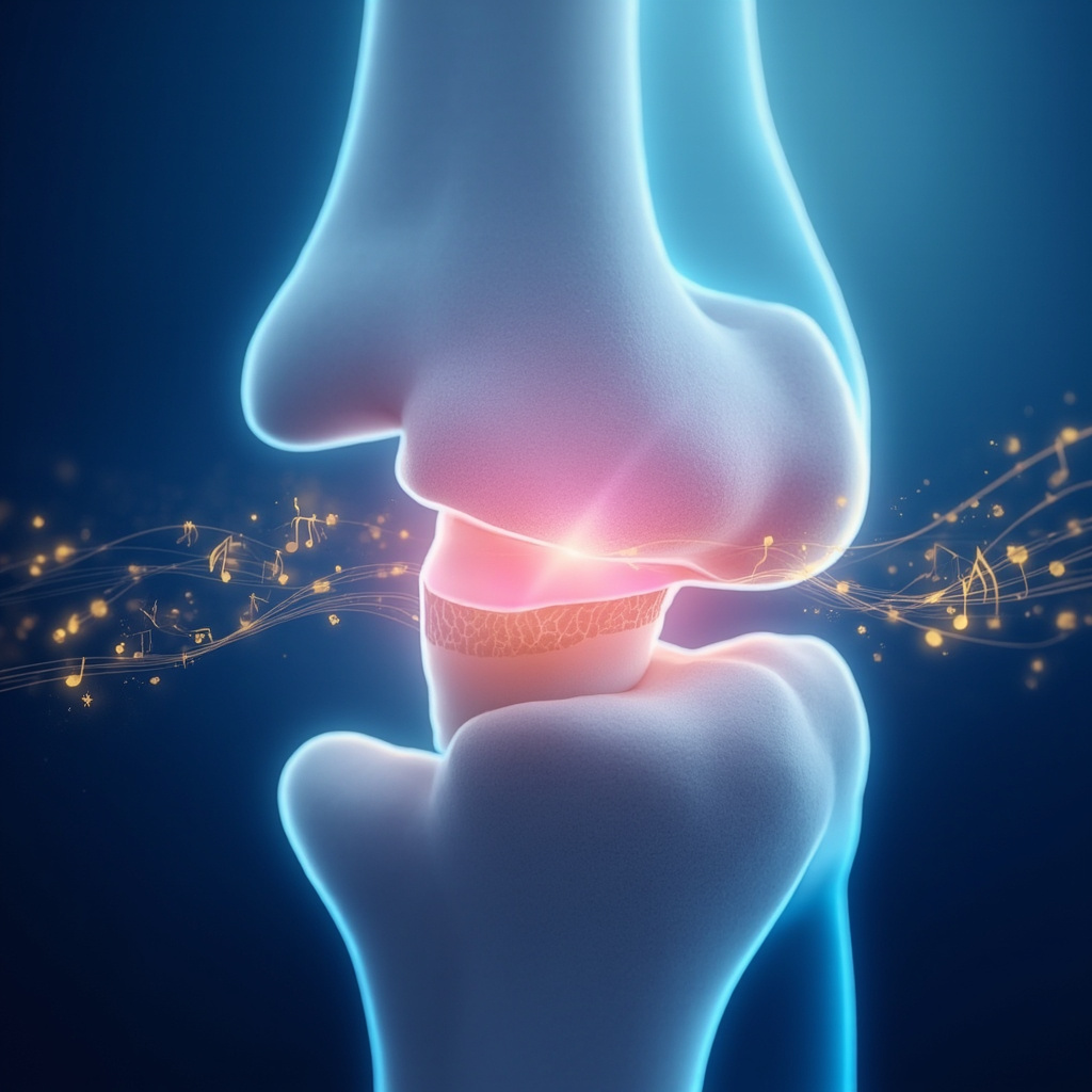 Illustration of smooth joint movement with glowing pink cartilage cushioning bones, surrounded by soft sound waves and musical notes in a serene blue background, representing healing vibrations.