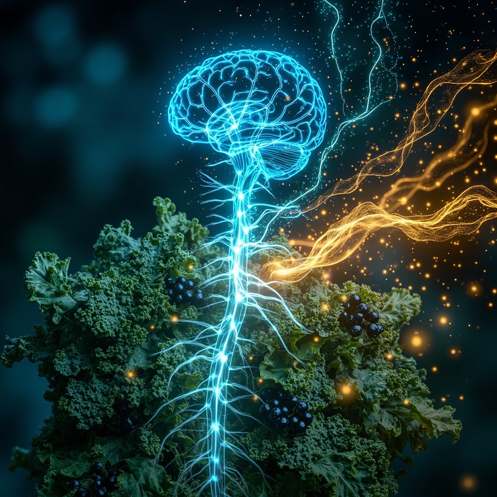 Illustration of glowing motor neurons extending from the brain through the spinal cord to vibrant muscles in action, surrounded by protective green leaves of kale and berries representing kaempferol, with soft energy waves symbolizing freedom and balance.