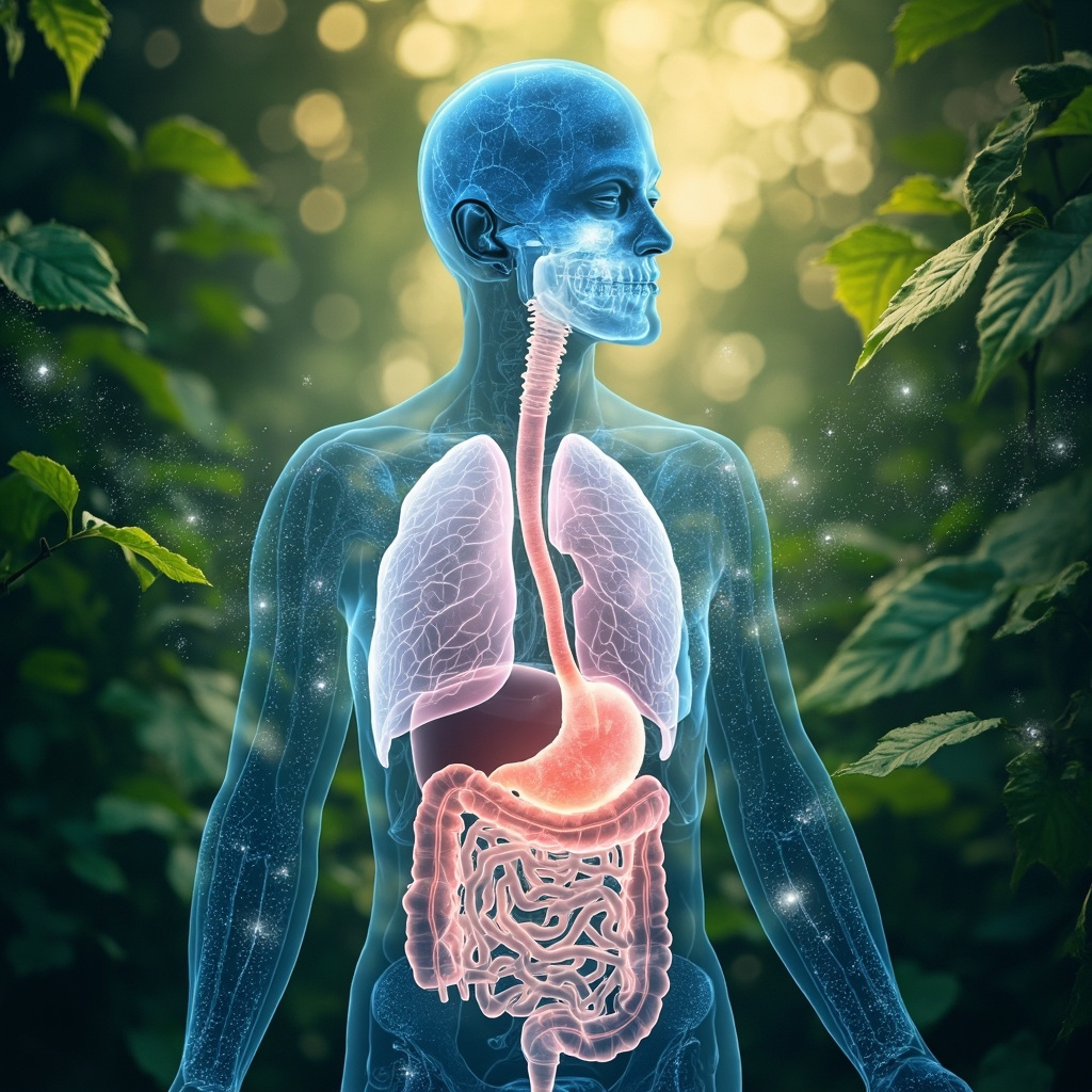 Soft illustration of the human digestive and respiratory systems with glowing mucosal linings in pink and blue, showing stress cracks healing with gentle wave frequencies, natural background with leaves and calm light.