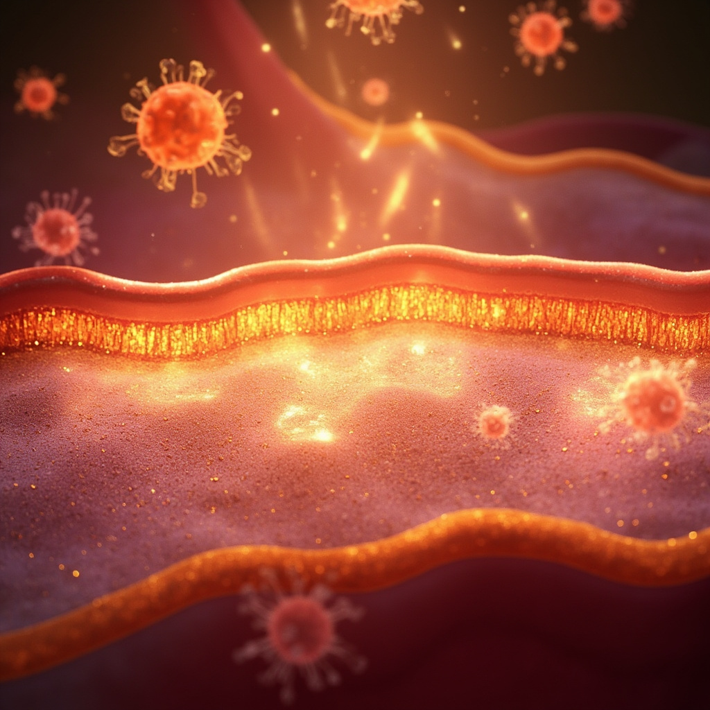 Vibrant, realistic illustration of healthy human mucosae linings in the gut and respiratory tract, showing glistening mucus layer trapping pathogens, strong tight junctions, active immune cells, and a glowing aura of balance and protection.