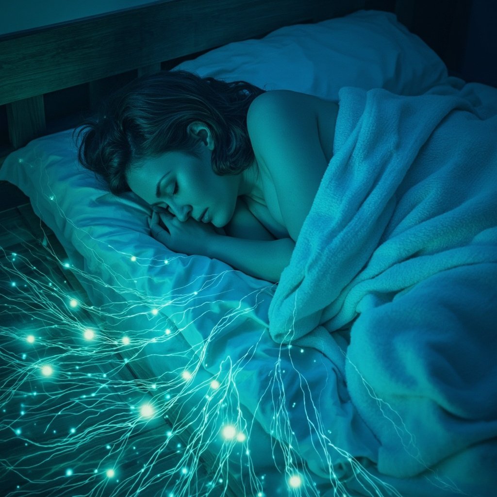 Illustration of a person sleeping in a bedroom with subtle glowing underground earth energy lines distorting under the bed, causing restlessness and fatigue; soft harmonic waves balancing the energy, leading to peaceful sleep, in calming blue and green tones.