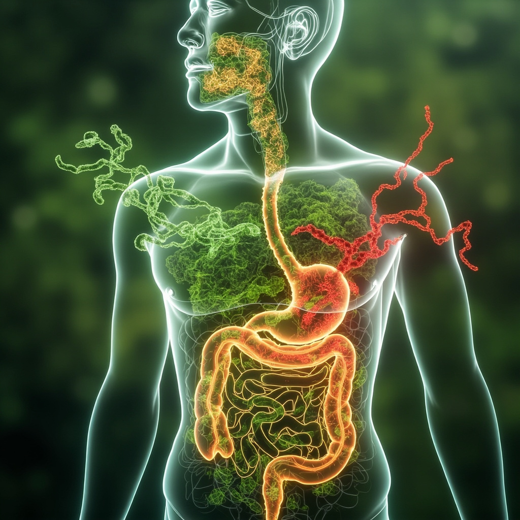 Vibrant illustration of friendly green gut bacteria aiding digestion and immunity in a human silhouette, balancing out red harmful microbes with flowing energy waves, natural earthy tones