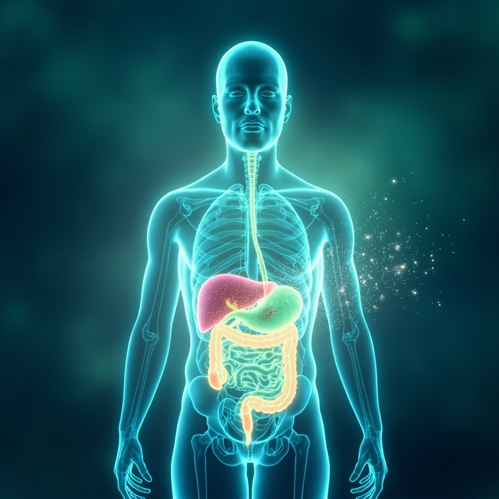 Illustration of a human silhouette with glowing energy fields around intestines and liver, subtle parasitic worm fading as harmonious frequency waves restore balance, soft blues and greens for healing vibe.