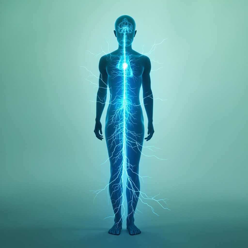 Serene illustration of a human silhouette with glowing blue pathways from the brain through the spine to the heart and blood vessels, showing balanced energy waves calming stress, soft green and blue tones, minimalist style.