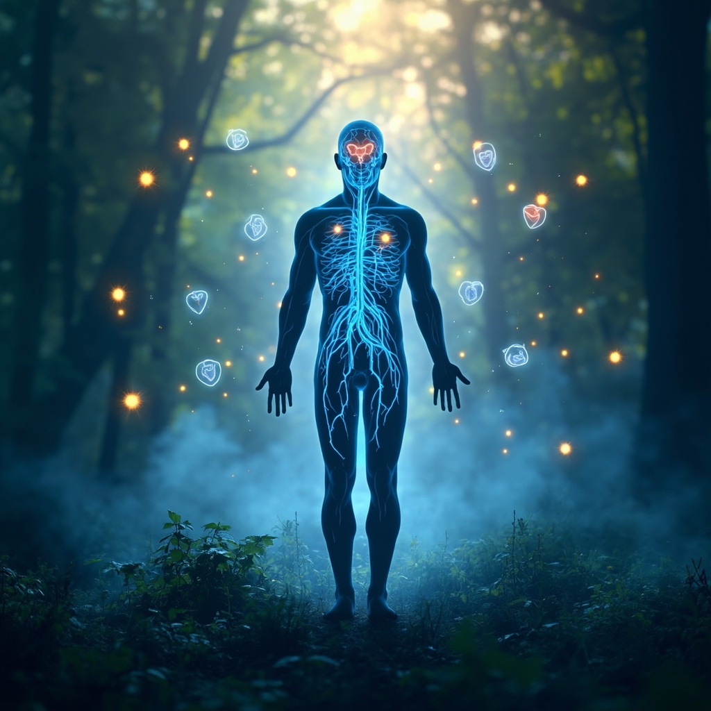 Illustration of a human silhouette with glowing blue lymphatic vessels flowing smoothly like rivers, surrounded by icons of shields for immunity, water drops for detox, and soft light hearts for emotional balance, in a serene natural setting.