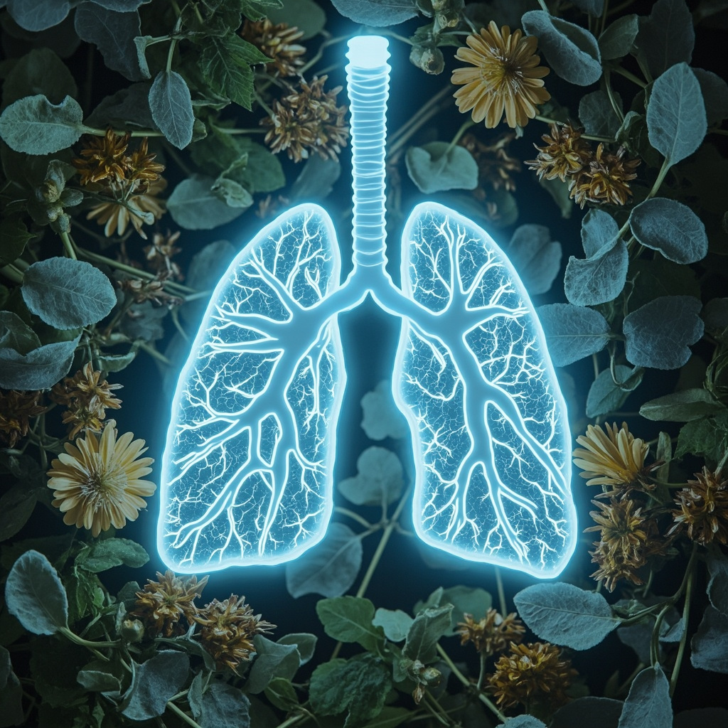 Serene illustration of healthy human lungs glowing with soft blue energy, subtle slime mold patterns fading into harmony, surrounded by natural herbs like mullein and eucalyptus, in calming earth tones.