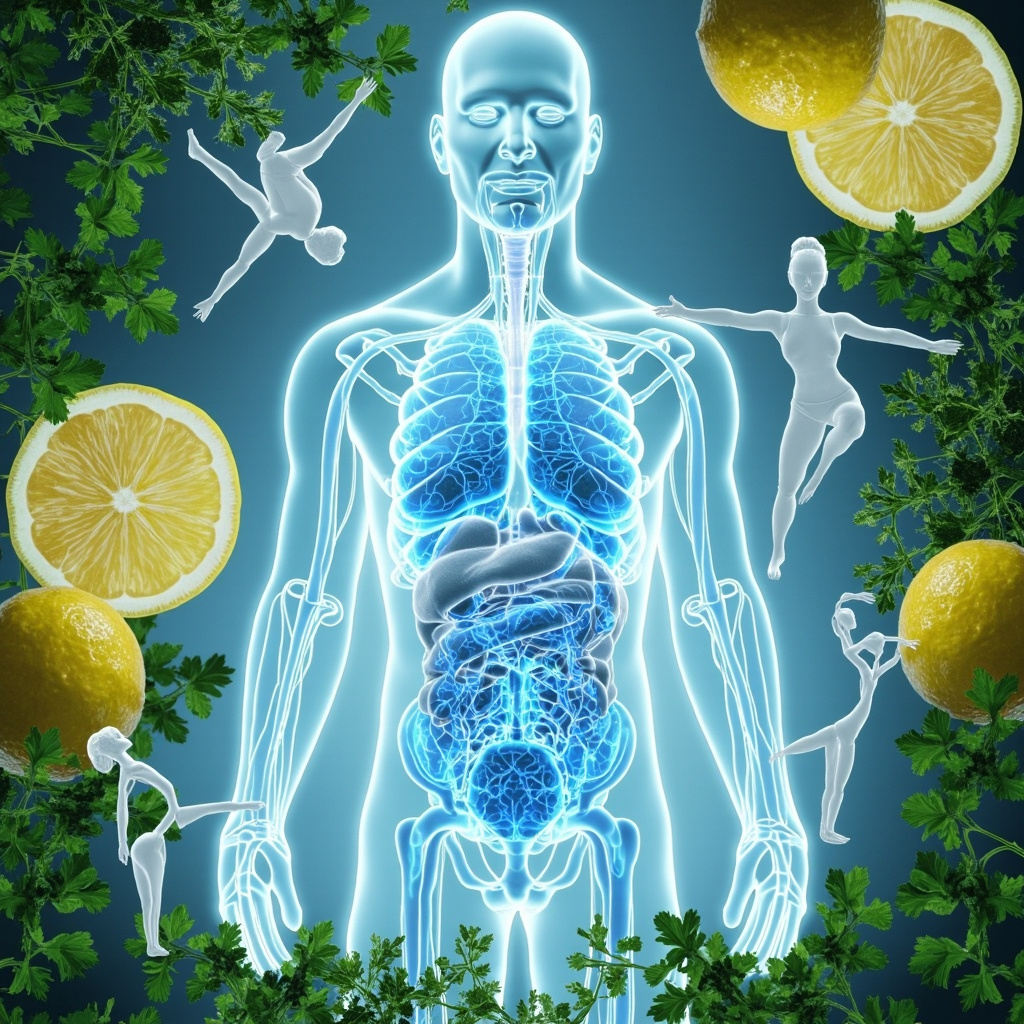 Serene illustration of the human lymphatic system glowing with clear blue flow, congested areas in dull gray, surrounded by natural elements like fresh lemons, green herbs, and gentle exercise figures.