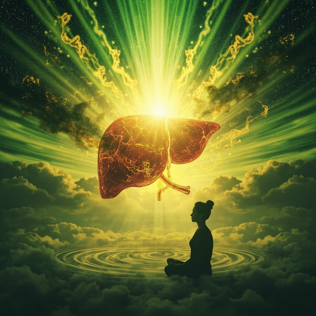 Vibrant illustration of a glowing human liver releasing toxins as dark clouds, surrounded by golden frequency waves and serene green energy fields, with a relaxed person meditating in soft light.