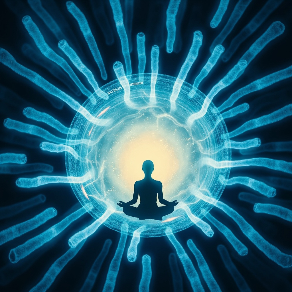 Stylized illustration of Bacillus anthracis bacteria with glowing blue energy waves, immune cells shielding a serene human figure meditating, soft light symbolizing emotional balance and vitality.