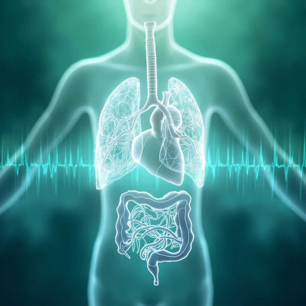 Illustration of delicate protective membranes enveloping human organs like lungs, heart, and gut, with harmonious glowing frequency waves balancing them, serene blue-green tones, symbolizing vitality and boundary strength.