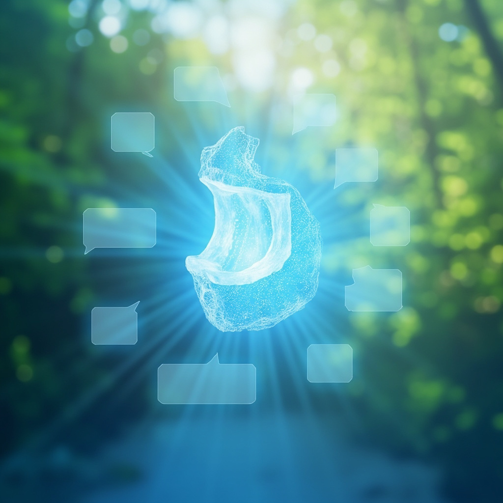 Serene illustration of a glowing blue throat area with healthy moist mucosa, soft light waves resonating, surrounded by calm nature and open speech bubbles symbolizing emotional freedom and stress relief.