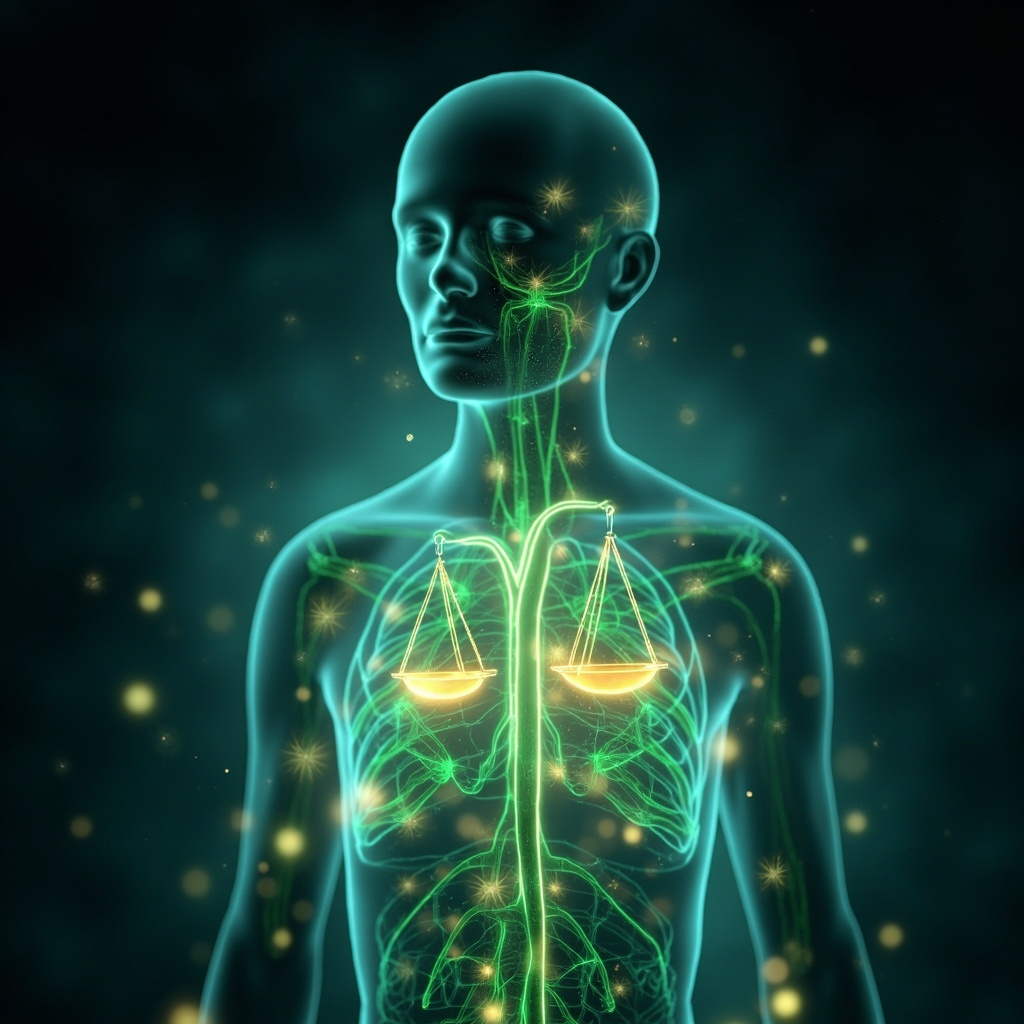 Serene illustration of glowing lymph nodes in a human silhouette, with flowing lymph streams, immune cells defending, and balanced scales symbolizing emotional self-worth.