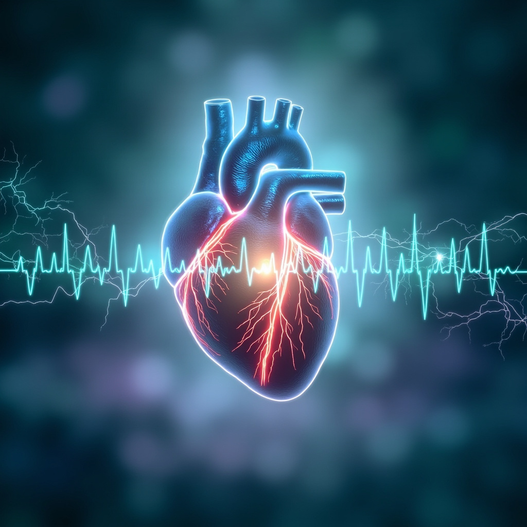 Prompt: Serene illustration of a human heart with glowing HRV waveforms in blue and green, active sympathetic nerves in red fading to calm, surrounded by stress icons like lightning turning to peaceful waves, soft meditative background.