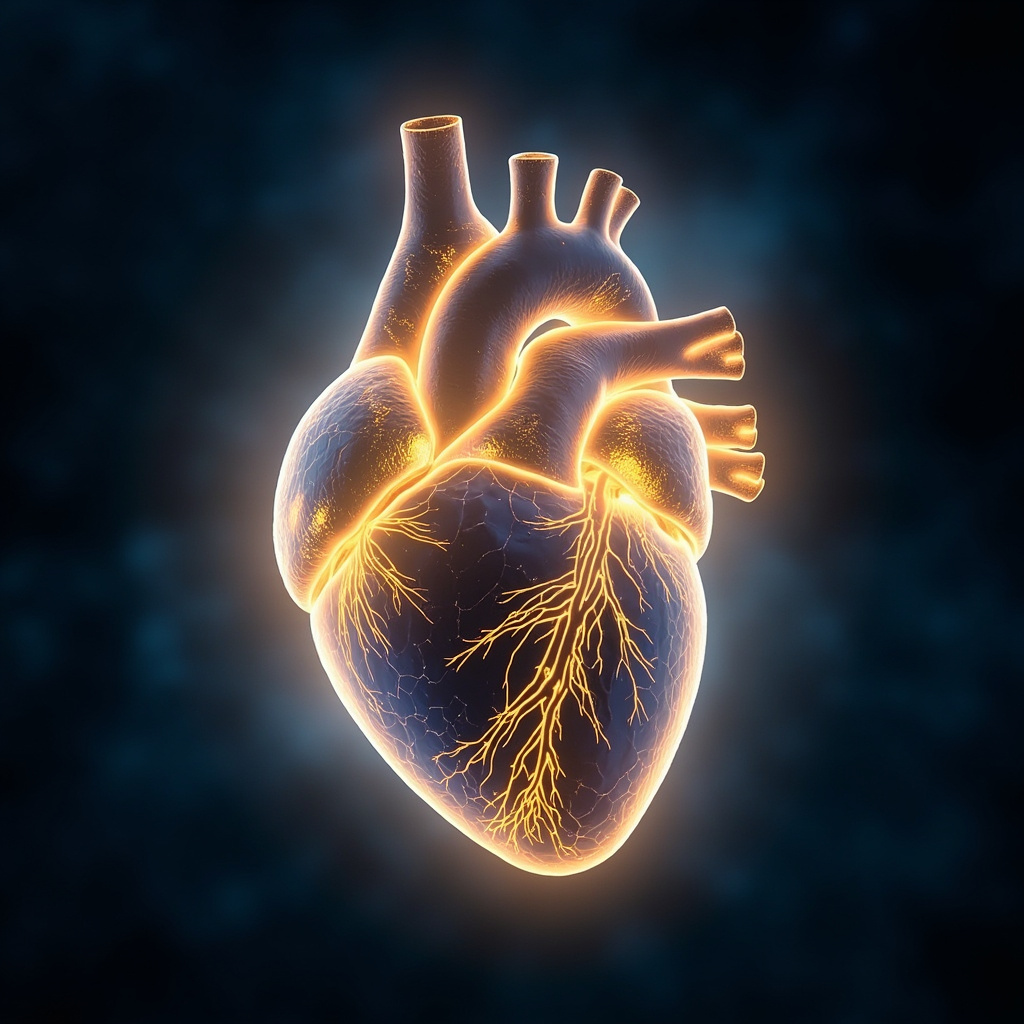 Serene anatomical illustration of the human heart enveloped in a glowing translucent pericardium sac, with soft protective energy waves emanating, calming blue and gold tones symbolizing emotional security and physical heart protection.