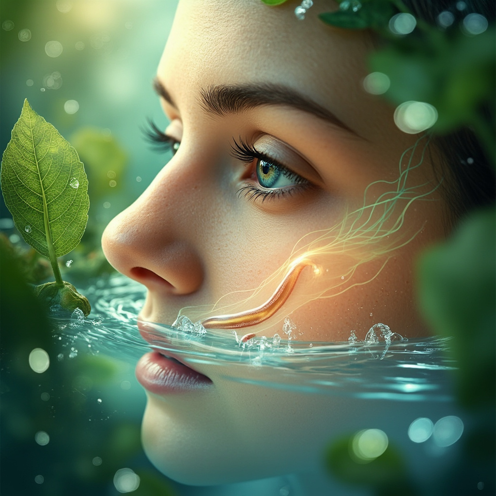 Serene scientific illustration of a Loa loa worm under translucent human skin near the eye, surrounded by soft glowing energy waves and natural elements like green herbs and flowing water, symbolizing balance and healing.