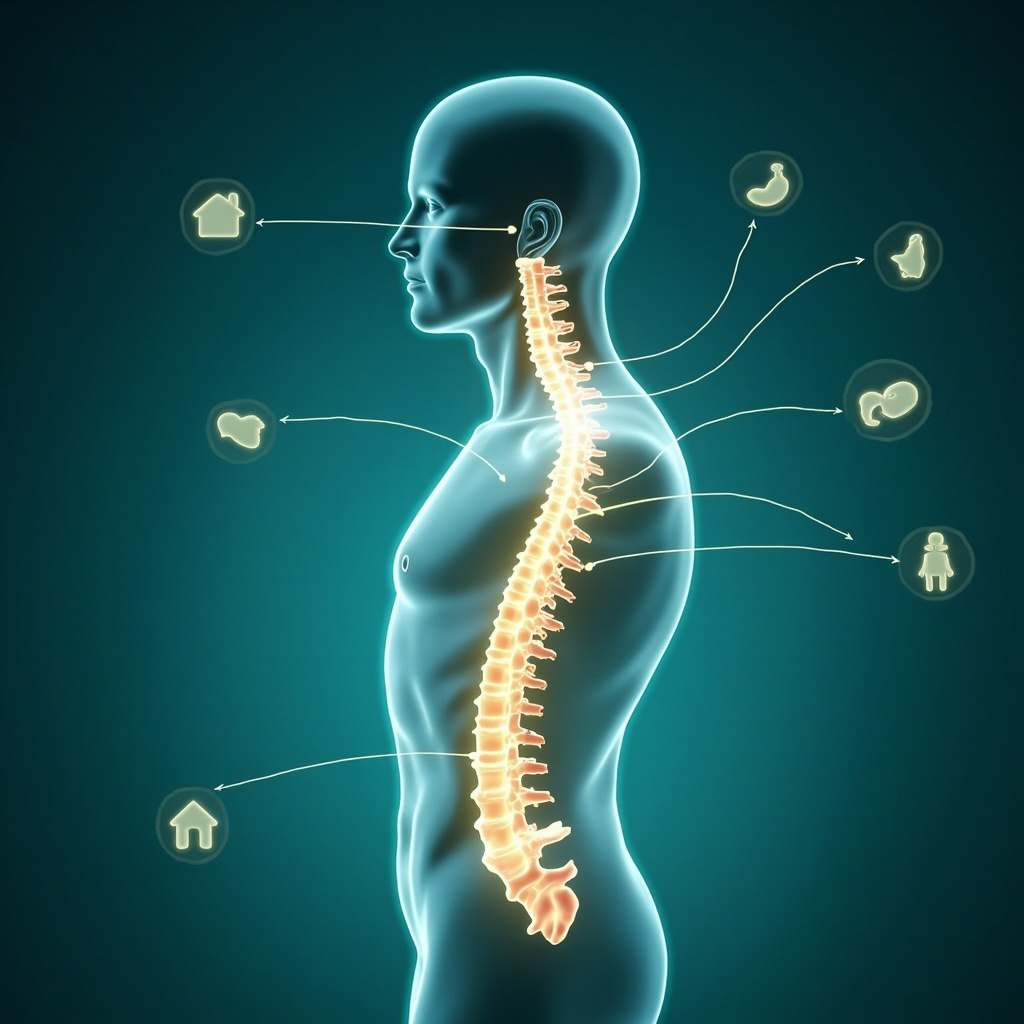 Illustrative image of human spine in side view highlighting the T6 vertebra in mid-thoracic region with glowing energy lines connecting to stomach, liver, heart icons and subtle family home symbols representing emotional security, soft blue and green tones, anatomical accuracy for educational post.