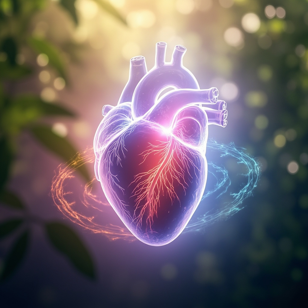 Illustrative image of a glowing heart with balanced waves of blue calm energy and red alert energy merging into harmony, soft natural background with leaves and soft light, professional medical art style