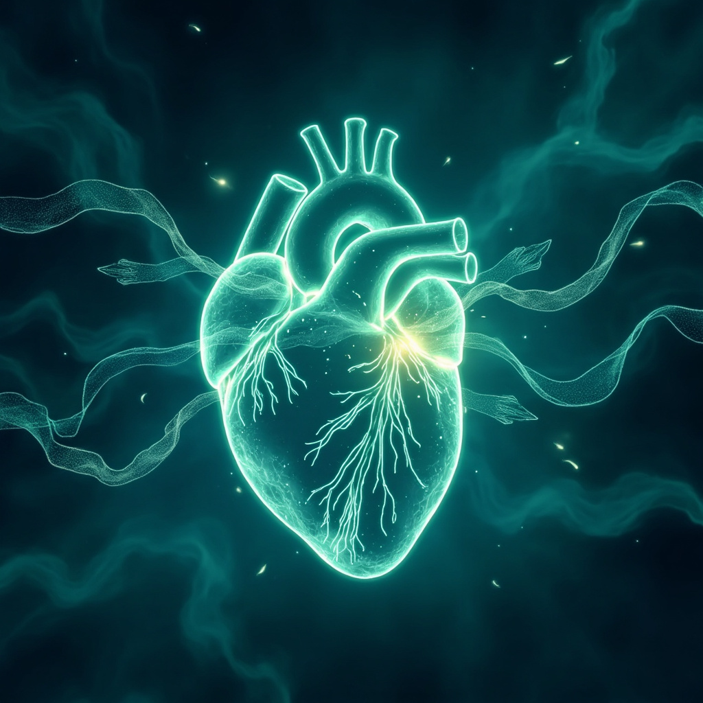 Illustrative image of a glowing human heart with flexible energy waves adapting to incoming stress arrows, transforming them into balanced flows, in serene blue and green tones, ethereal and calming style.