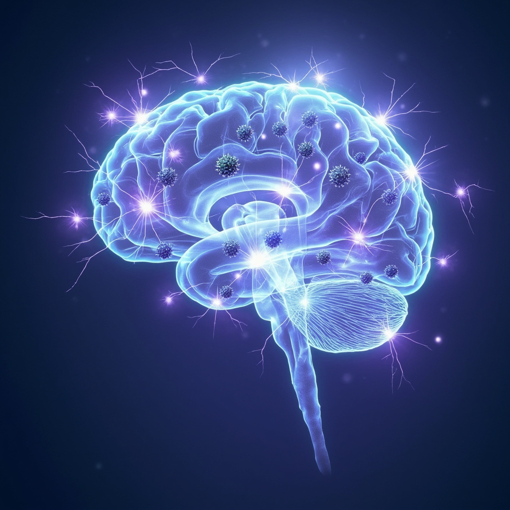 Serene illustration of a human brain with glowing blue neurons interconnected by harmonious energy waves, subtle virus-like particles transforming into balanced light patterns, soft purple and green tones evoking healing and calm.