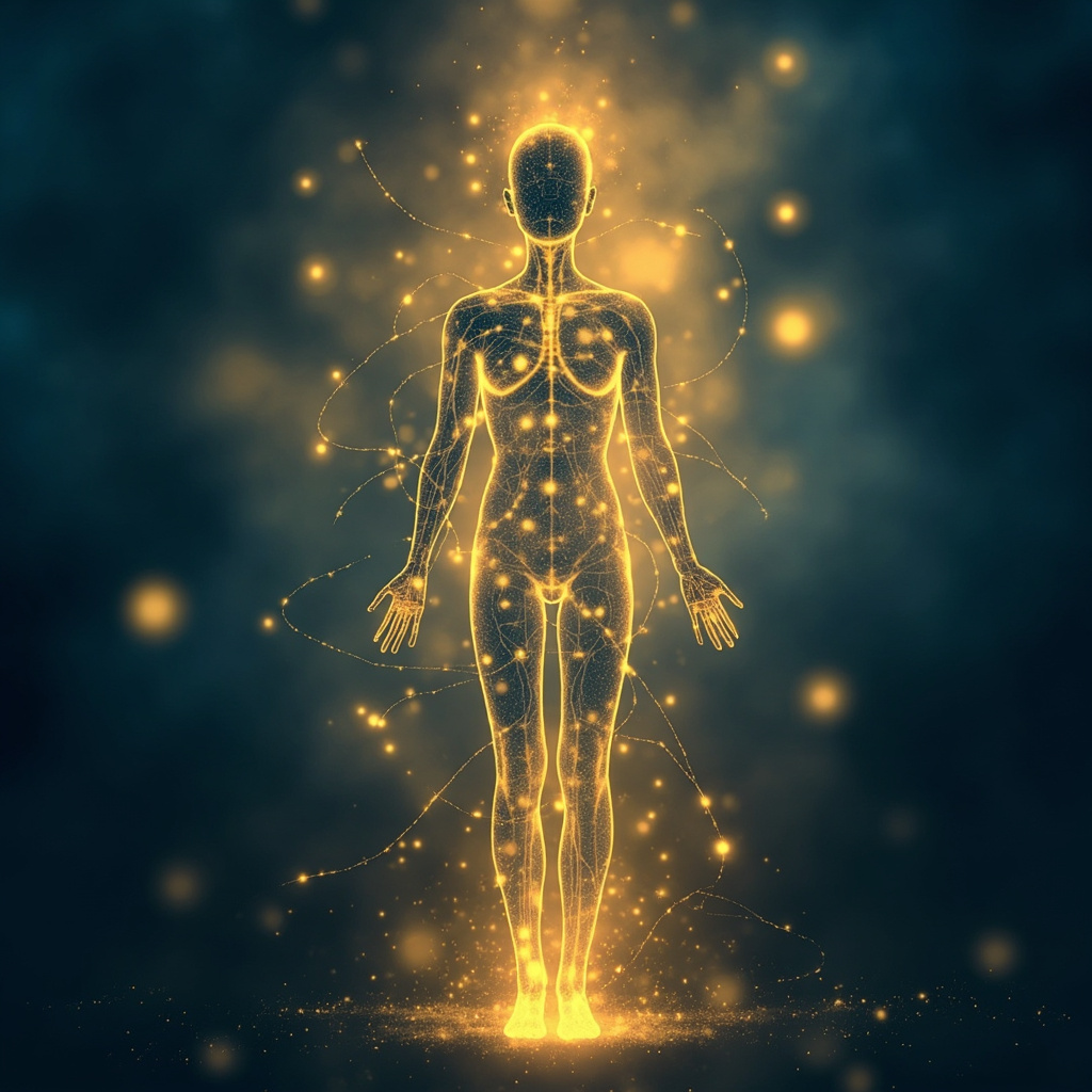 A professional, calming medical illustration showing a human silhouette with a glowing, golden network of interconnected nodes representing the immune system, radiating a sense of protection and harmony, soft blue background, high resolution, cinematic lighting.