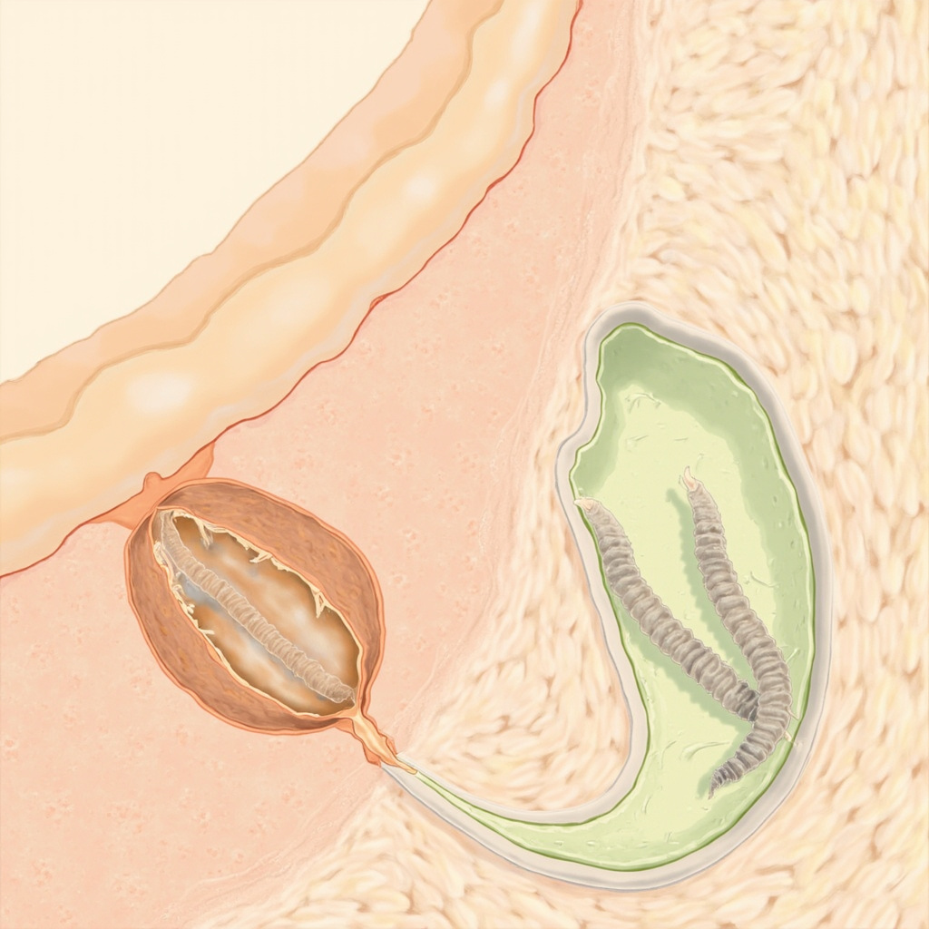 Educational microscopic image of Ascaris lumbricoides larvae hatching from egg and migrating through human intestine and lung tissues, in soft pastel colors suitable for health awareness illustration