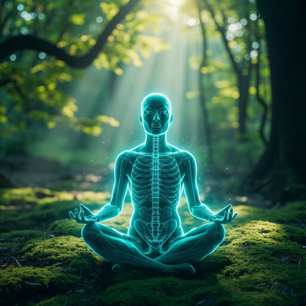 Serene person in nature meditating, soft glowing energy waves balancing inflamed joints and nerves, calming blue-green tones, healing Lyme disease vibe, realistic yet ethereal.