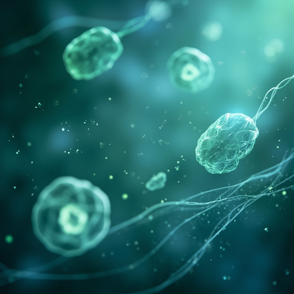 Serene digital illustration of stylized Pseudomonas bacteria harmonizing with glowing lungs, urinary tract, and skin icons; soft waves of sound frequencies and microcurrents in blue-green healing tones, evoking balance and natural immunity.