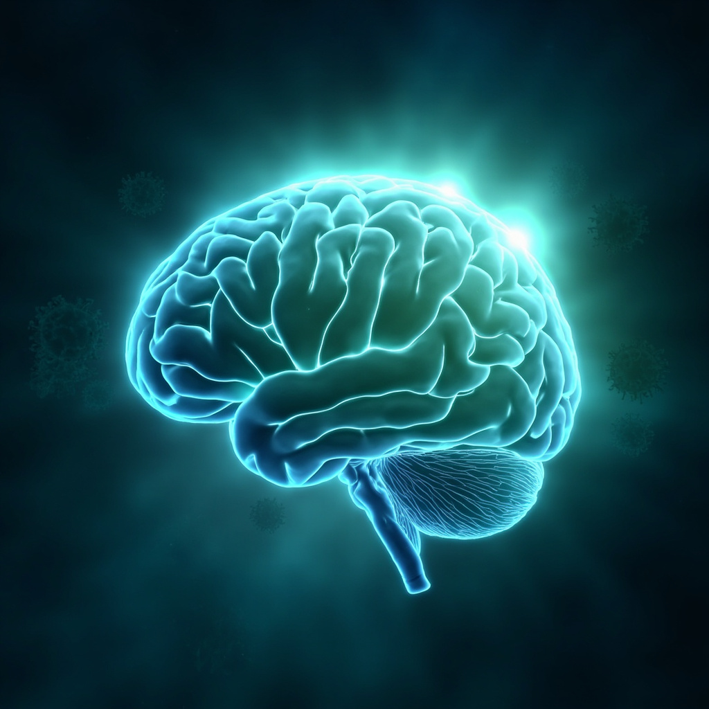 Serene human brain with glowing balanced energy waves in soft blues and greens, contrasted by subtle shadowy virus particles fading away, evoking natural healing from neurological imbalance through frequencies and light, professional medical illustration style.