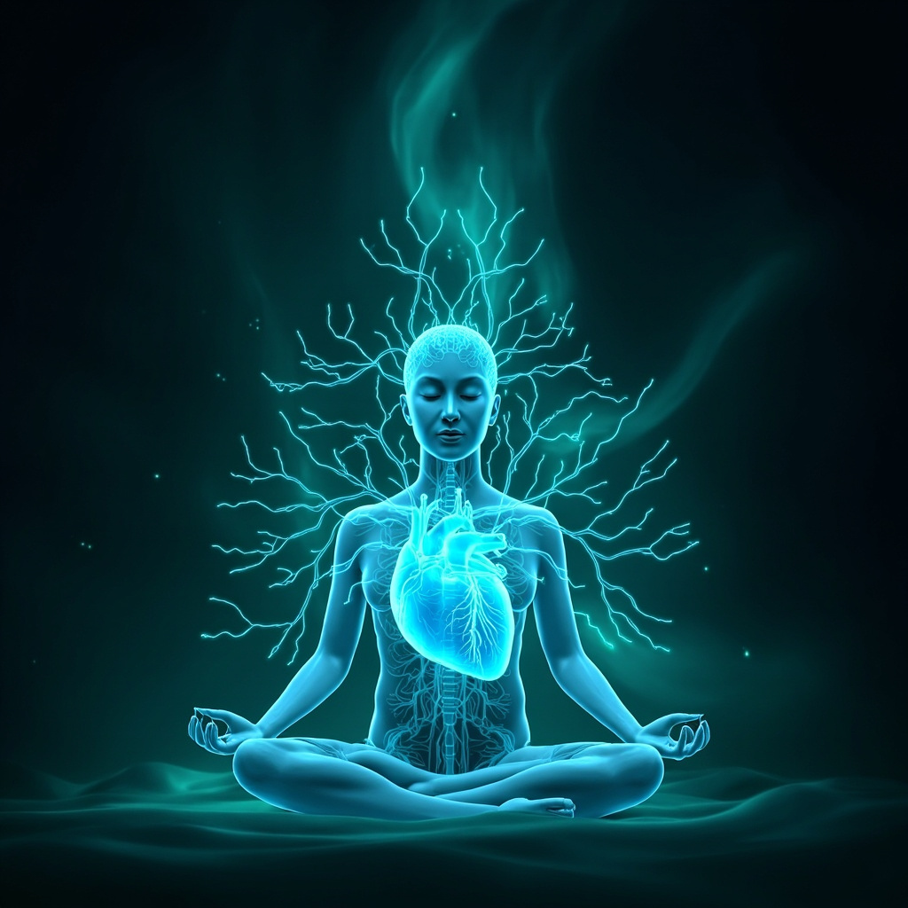 Illustration of balanced nervous system: glowing blue parasympathetic nerves calming a stressed heart, serene meditator in foreground, soft green healing waves, professional medical style