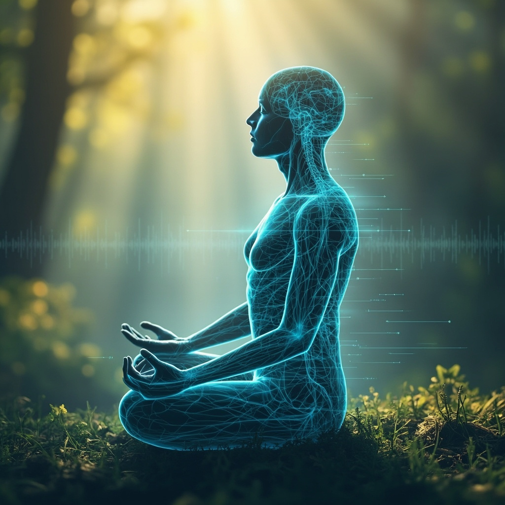 Serene digital illustration of a relaxed human figure in soft blue light, with glowing pathways representing the parasympathetic nervous system activating from brain to gut, symbols of digestion, sleep, and calm energy flow, no text.