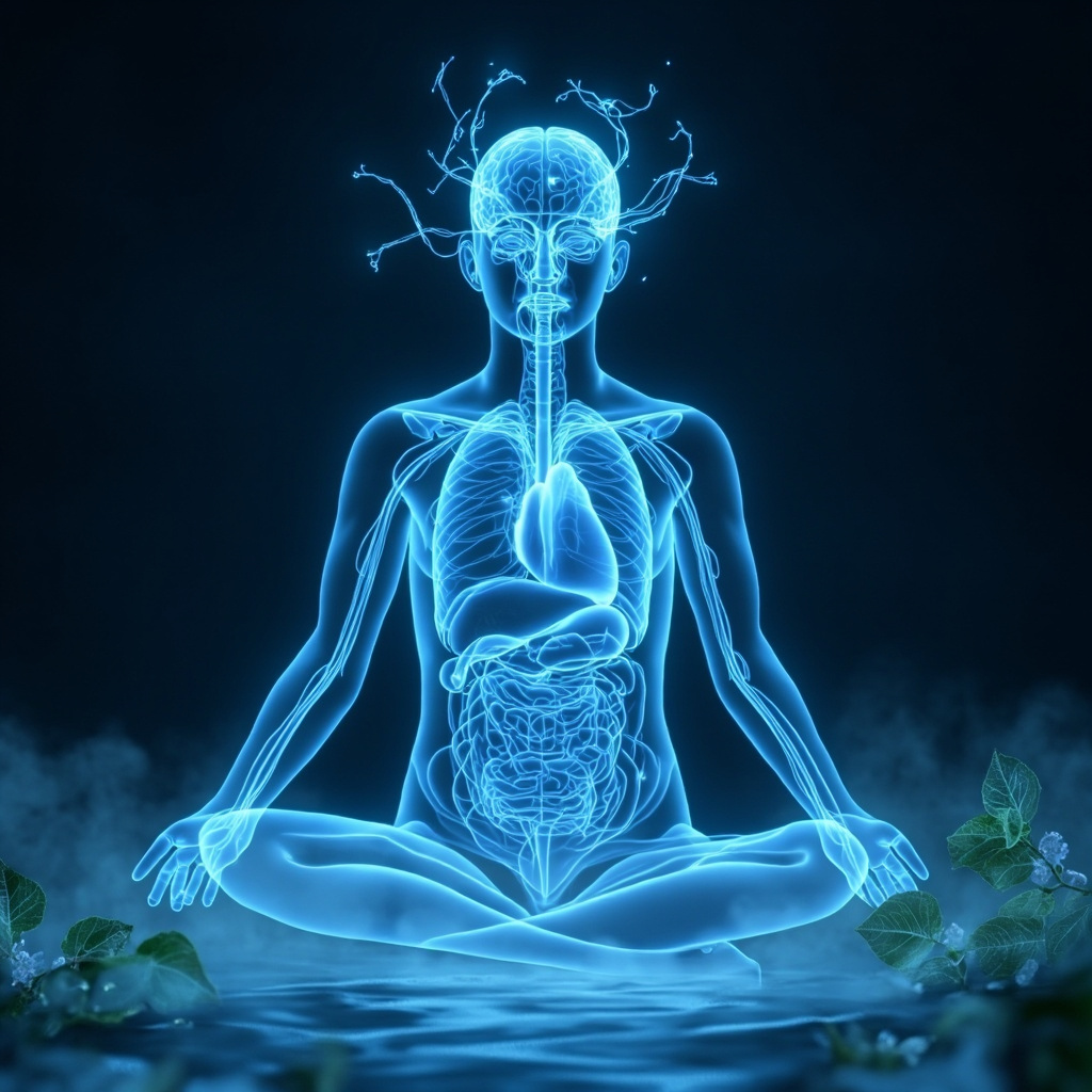 Serene illustration of a relaxed human silhouette with glowing blue parasympathetic nerves branching from the brain to heart, lungs, and gut, surrounded by soft waves of breath and calming nature elements like leaves and water.