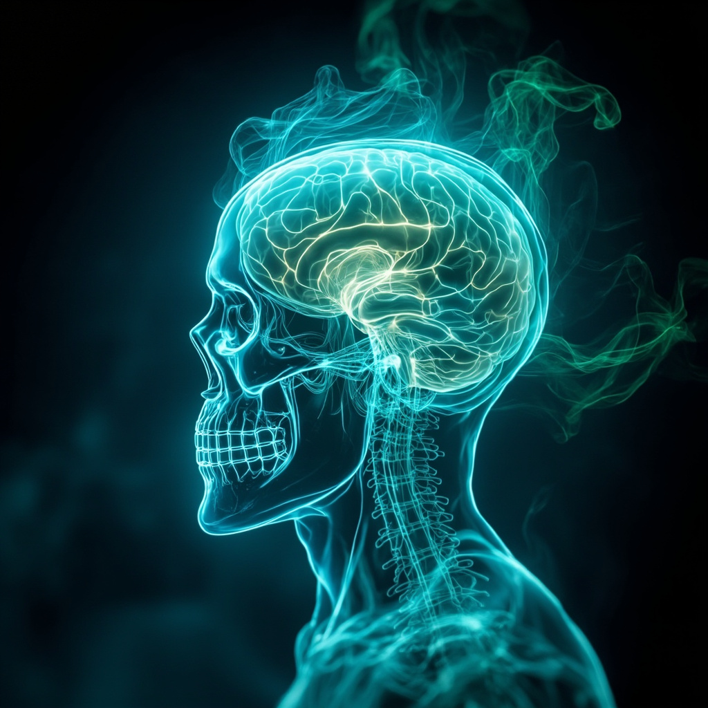 A serene illustration of a glowing human brain inside a translucent skull, surrounded by soft flowing energy waves in blue and green hues, representing electrical balance, clarity, and vitality, photorealistic style.