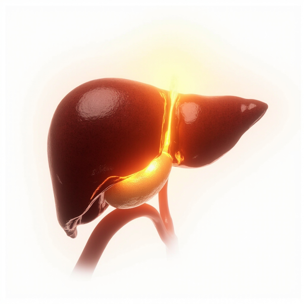 A professional medical illustration of the human gallbladder and liver, showing a soft golden glow emanating from the gallbladder to represent energetic balance and healing, set against a clean, white background.