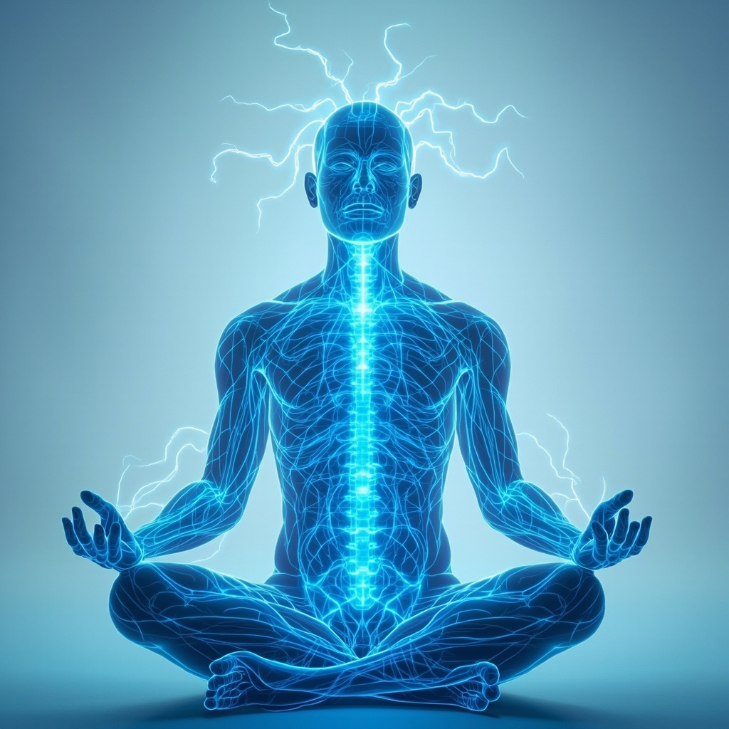 Serene human silhouette with glowing blue peripheral nerves extending from spine to hands and feet, energy waves flowing smoothly, healing light effects, soft pastel background, professional medical illustration style.