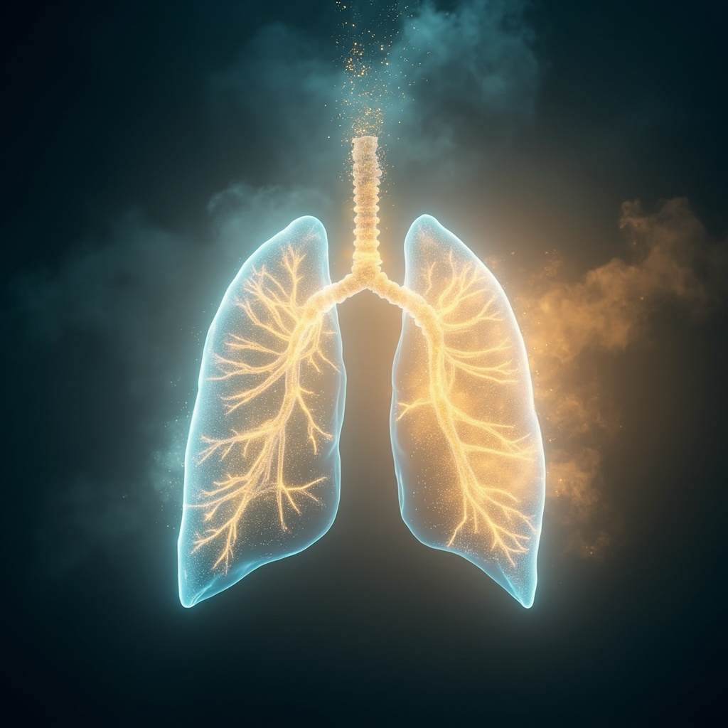 A serene, artistic representation of deep breathing, with soft light flowing into the lungs, symbolizing harmony and respiratory ease.