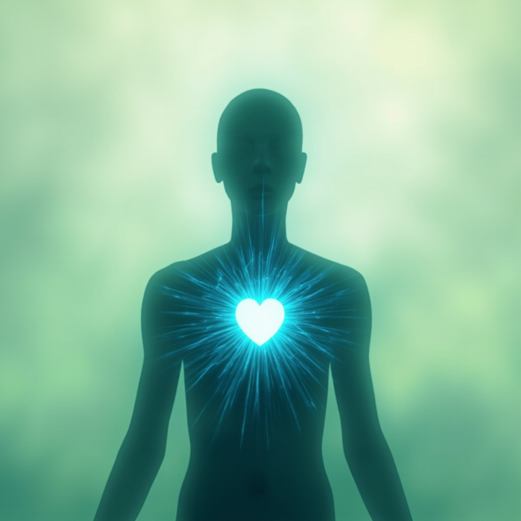 Serene human silhouette with glowing heart emitting balanced blue frequency waves, calming high-frequency nervous signals fading into peaceful green hues, soft gradient background