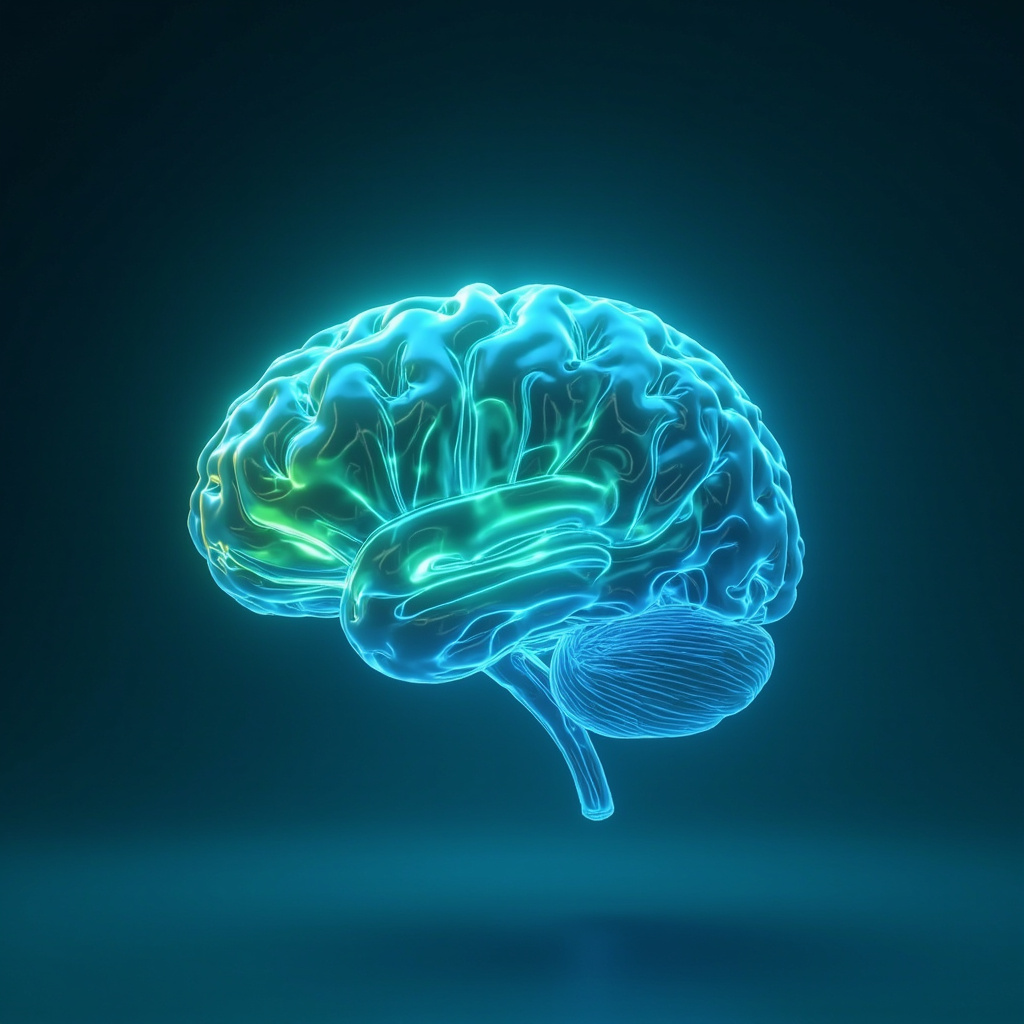 Serene human brain glowing with fluid waves during meditation, soft blue and green tones symbolizing detox and clarity