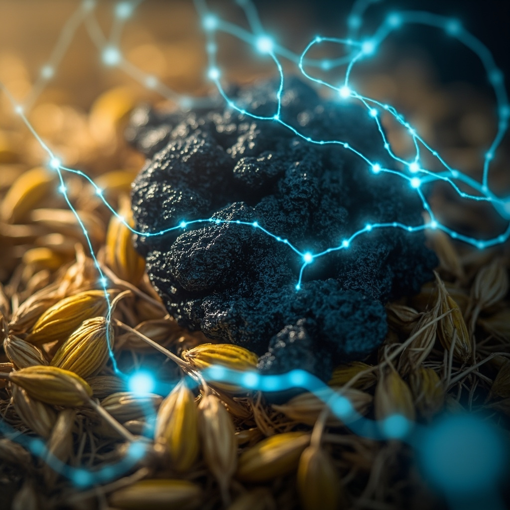 A close-up of dark ergot fungus on golden rye grains under soft light, overlaid with subtle glowing neural pathways in blue, symbolizing nervous system balance and calm energy flow.