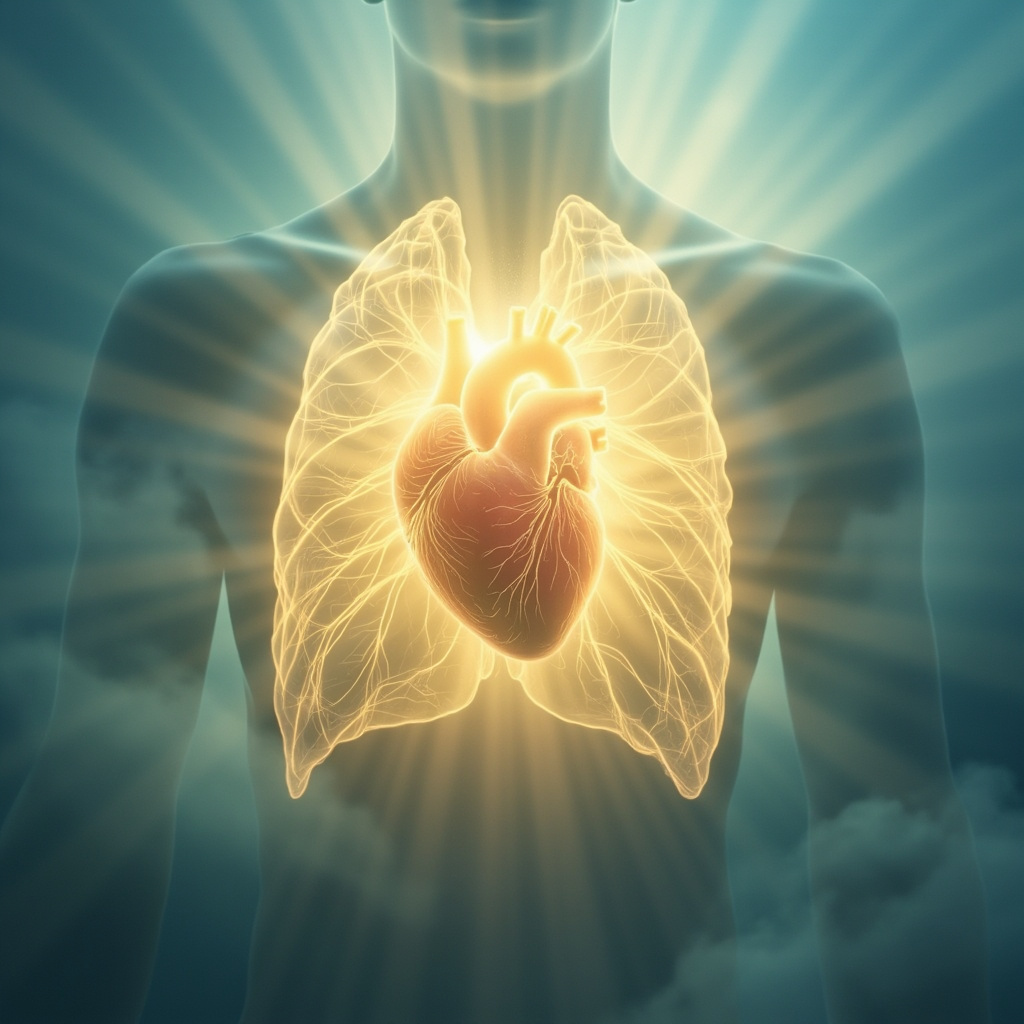 A serene, conceptual image of a human chest with a glowing, soft golden light forming a protective sphere or cocoon around the heart, symbolizing the pericardium as an emotional shield, soft blue background, ethereal and healing atmosphere.