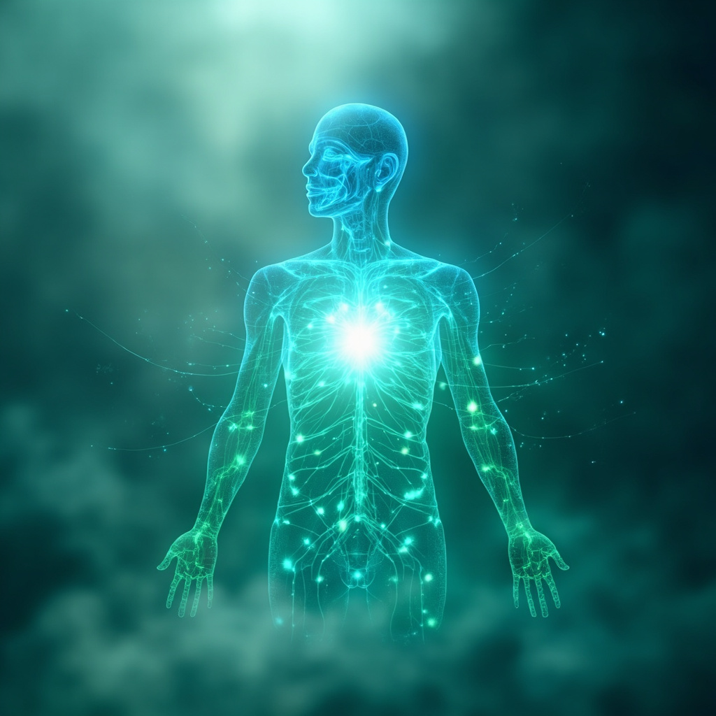 Serene human silhouette with glowing heart emitting balanced blue and green frequency waves through body meridians, symbolizing HRV global activity harmony, soft meditative background.