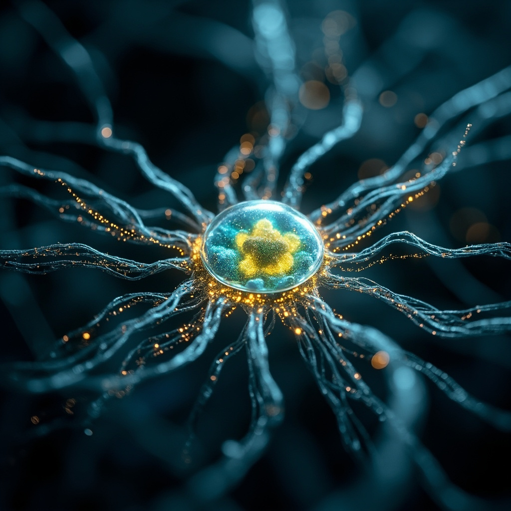 Vibrant close-up of a glowing neuron cell nucleus in the brain, surrounded by neural pathways emitting soft energy waves, in serene blue and gold tones, symbolizing clarity and harmony.