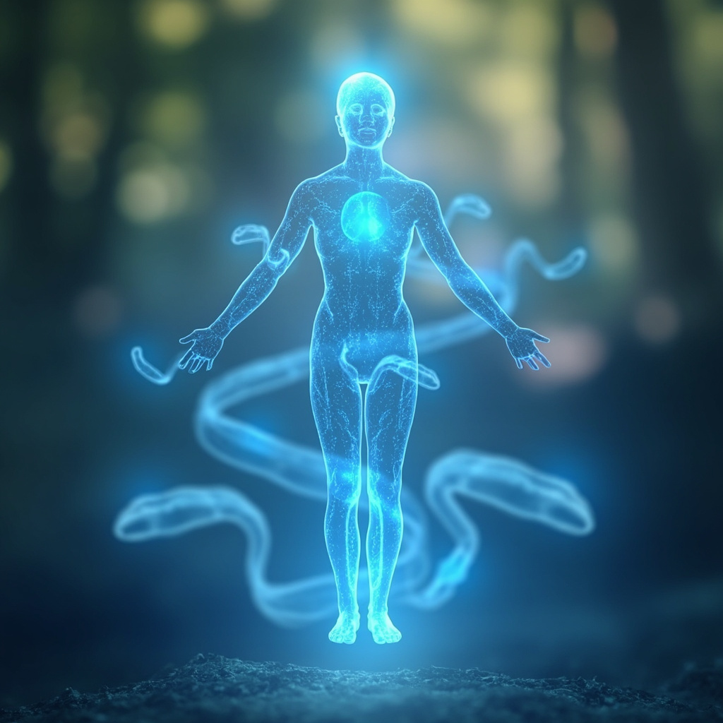 Serene human figure with glowing blue energy waves harmonizing skin, joints, heart, and brain, subtle spiral bacteria transforming into balanced light patterns, soft natural background.