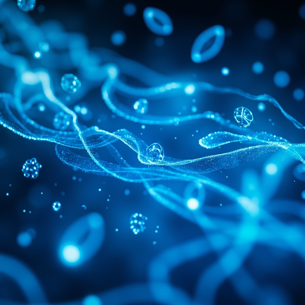 Serene digital art of yeast cells in glowing blue bloodstream, transforming into supportive energy waves embracing kidney, liver, spleen icons and immune shields, soft healing light, professional health theme.