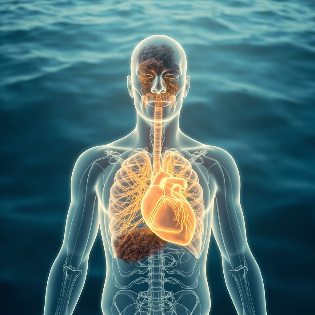 Serene human figure emitting golden healing frequencies that dissolve dark bacterial clouds around lungs and heart, background of calm blue waves symbolizing balanced energy, anxiety transforming to peace, professional medical illustration style