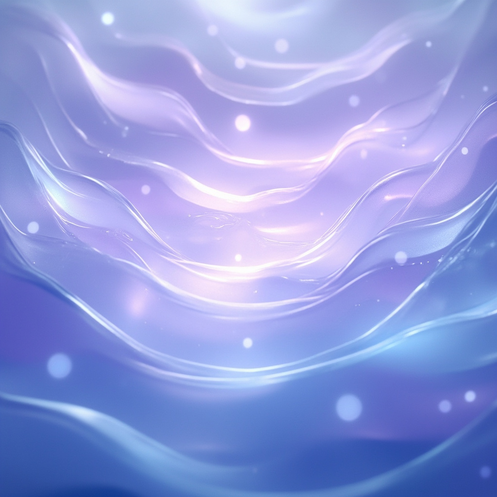 A calming, abstract visualization of light waves and gentle geometric patterns in soft blue and violet tones, representing internal balance and harmony.