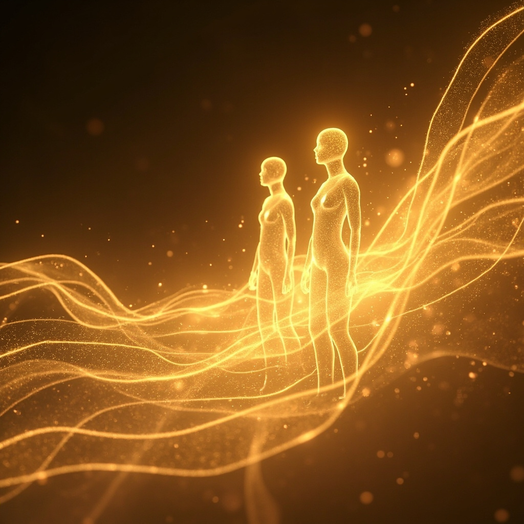 A calming, ethereal visualization of golden light waves interacting with human silhouette structures, representing the harmony of bio-electrical fields.