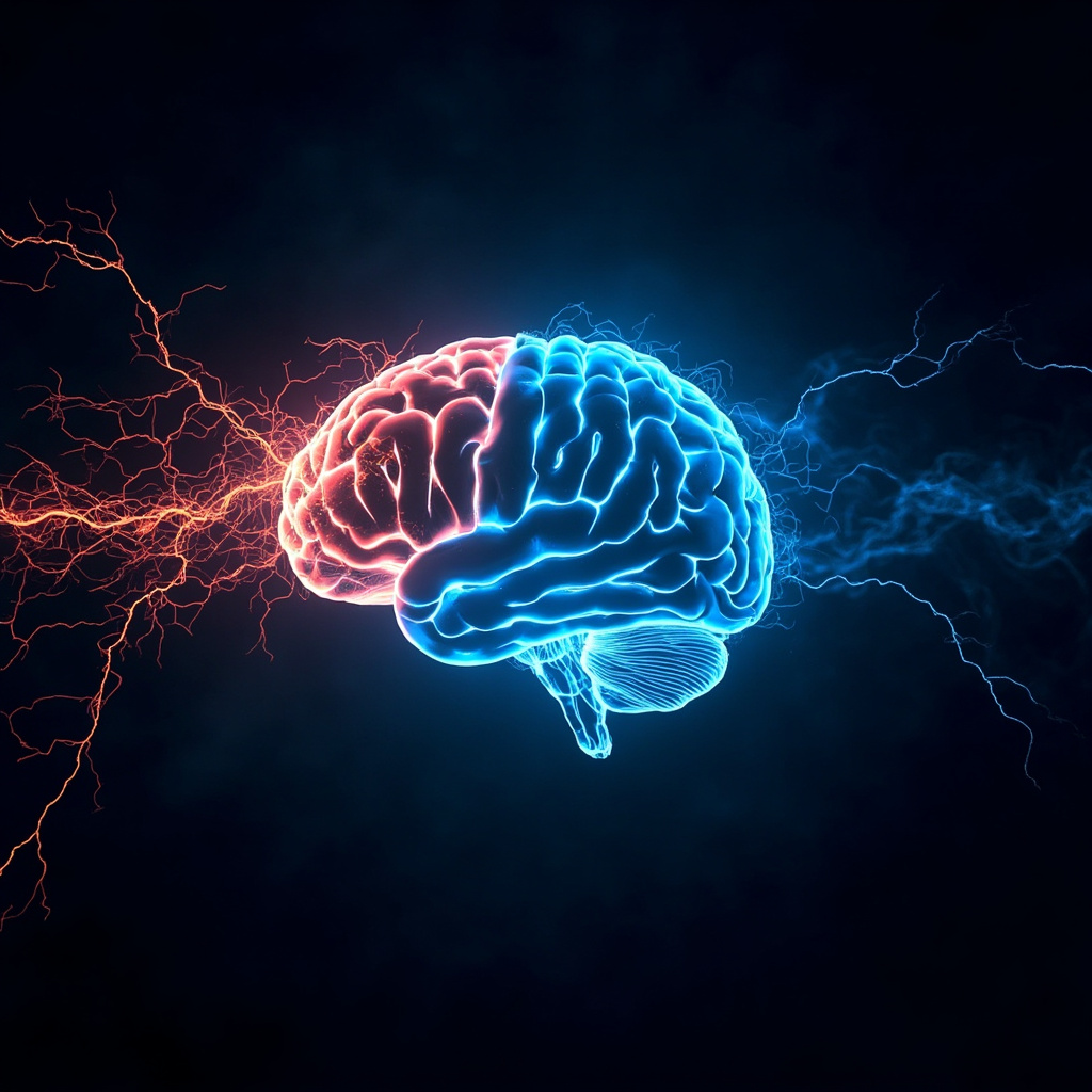 A high-tech, ethereal visualization of a human brain where chaotic, jagged red electrical lines are gradually transforming into smooth, glowing blue concentric waves of harmony and light, set against a deep midnight blue background.