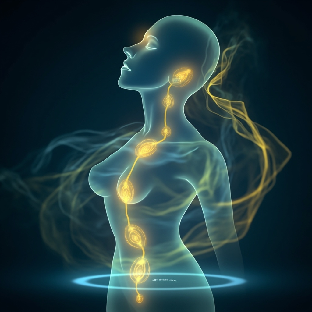 Serene human silhouette with smooth, glowing skin free of hives; subtle golden highlights on acupuncture points SI9 shoulder, TH5 forearm, SP16 abdomen, BL22 back, PE9 fingertip; soft yin-yang swirl and flowing qi energy lines in calming blue and green tones.